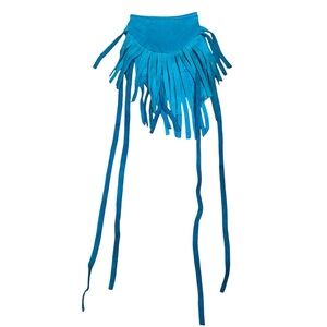 Handmade Small Fringed Blue Leather Pouch Purse with Ties Hippie Western Bag